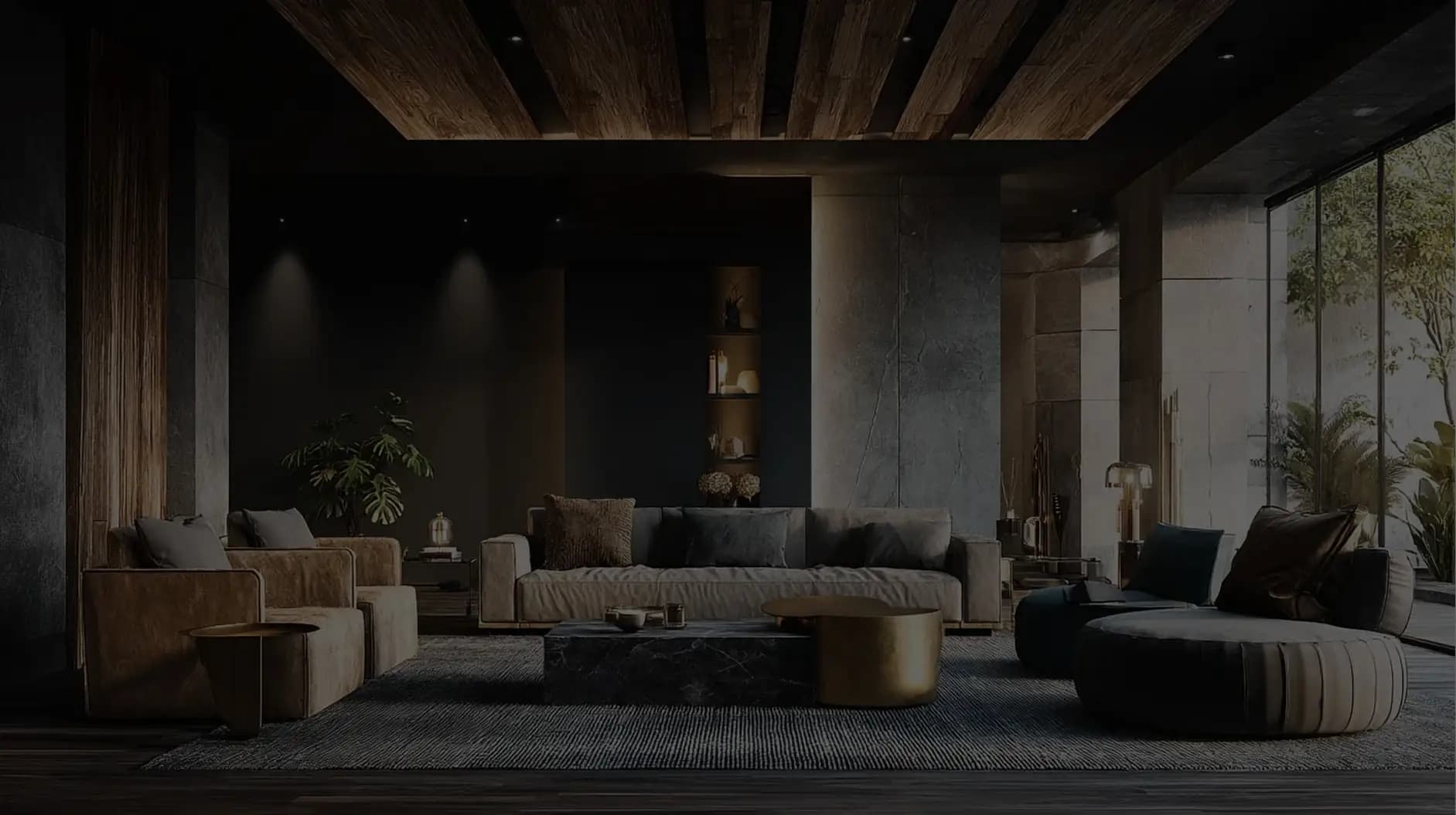 A dark, warm living room with stone walls and timber ceiling